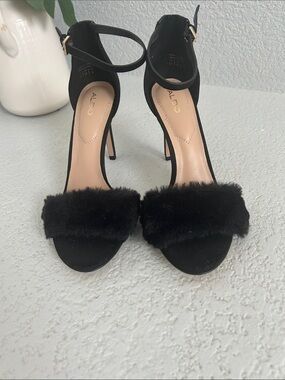 Aldo Black Faux-Fur Ankle-Strap Stiletto Heels